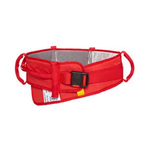 Ceinture de transfert rembourrée rouge avec boucle de réglage et poignées intégrées pour assister les déplacements du patient.