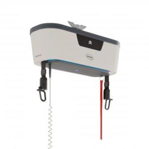 Ceiling-mounted patient hoist unit with two suspension straps and metal hooks hanging below.